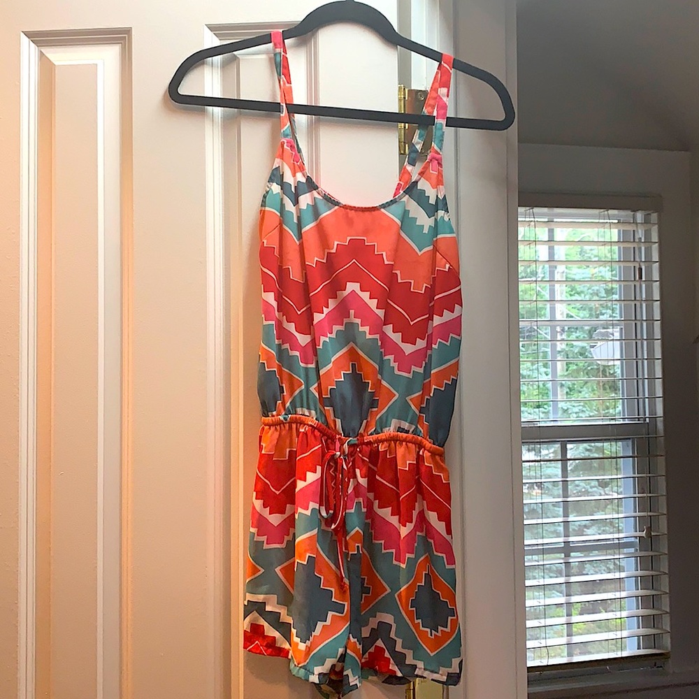 Eight sixty Coral/ blue/ pink romper (size small)